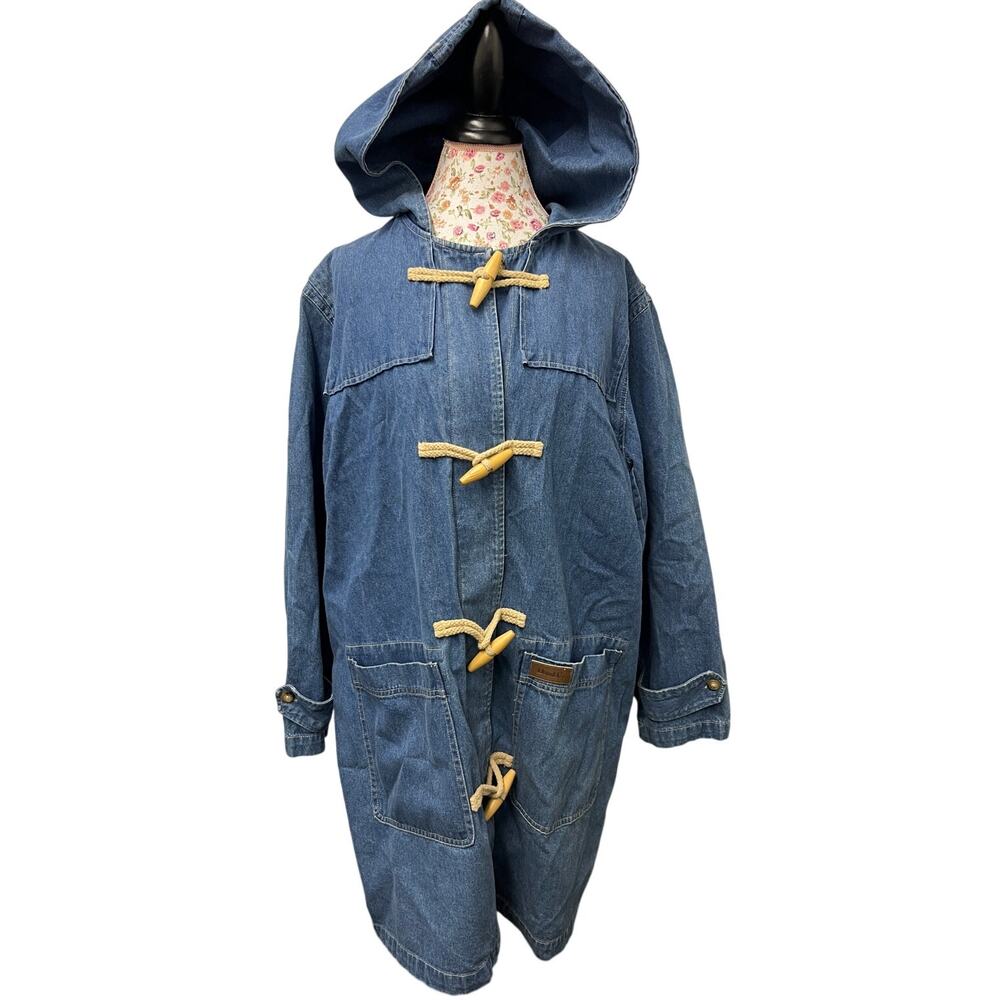 🧥 Denim & Co. 1X Vintage Denim Toggle Coat – Hooded 90s Utility Jacket